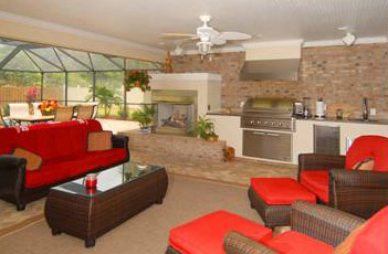 large living room with two red couches